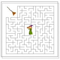 Spiel für Kinder Gehen Sie durch das Labyrinth, helfen Sie der Hexe, zum Besen zu gelangen. Hexe fliegt auf einem Besenstiel vektor
