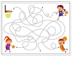 Gehen Sie durch das Labyrinth und verbinden Sie die Punkte, um herauszufinden, wer den Ball im Ring erzielt hat, ein Basketballspiel vektor