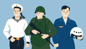 soldater. män i militäruniform. sjöman, infanterist och lots. representanter för olika typer av trupper. vektor bild.