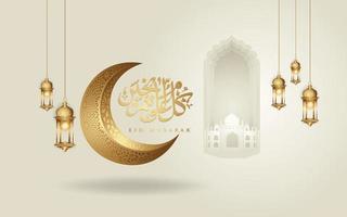 eid mubarak arabisk kalligrafi hälsning design islamisk linje moské kupol med halvmåne vektor