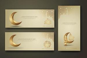 eid al fitr kalligrafie islamisch, set banner vorlage mit halbmond, traditionelle laterne und moschee muster textur islamischen hintergrund vektor