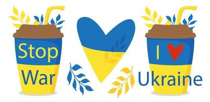 Ukrainas flagga, koncept till stöd för att stoppa kriget. patriotisk uppsättning kaffe i pappersmuggar. symboler för ukraina. vektor illustration isolerade.