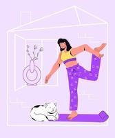 hem sport och fitness banner eller affisch koncept med ung kvinna tränar hemma, tecknad vektorillustration. hem fitness yoga träning av en ung flicka. vektor