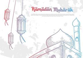 skizze hand gezeichnet von ramadan mubarak kareem islamischen grußhintergrund mit laternenlampe und moscheenillustration vektor