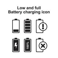 Symbolvorlage für niedrige und volle Batterieladesymbole in schwarzer Farbe editierbar. vektor