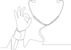 enkel kontinuerlig linje ritning stetoskop och gester godkännande uttryck gör okej symbol med fingrar tecken isolerad på vit bakgrund. symbol medicin. vektor illustration