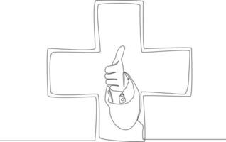 einfache durchgehende Linienzeichnung, die den Zustimmungsausdruck gestikuliert, der ein Okay-Symbol mit dem Fingerzeichen auf dem medizinischen Kreuz macht. Symbolmedizin. Vektor-Illustration.