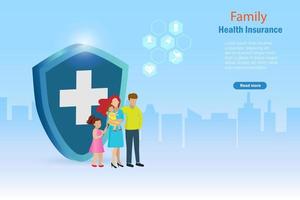 Familie mit Krankenversicherung. medizinische und krankenversicherungsplanung für familienschutzkonzept. vektor