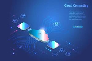 Cloud-Computing, Hochladen, Herunterladen und Übertragen von Dateien im futuristischen Hintergrund der Elektronik. Online-Datenspeichertechnologie mit intelligentem Datenschutzdienst.