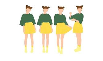 Mädchen steht in verschiedenen Positionen. sie trägt ein top in der farbe grün und einen kurzen rock in der farbe gelb.