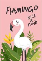 slogan med tecknad flamingo- och palmbladillustration vektor