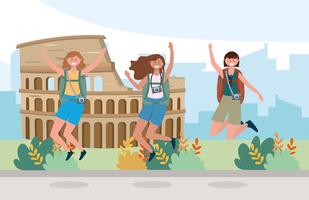 Kvinnvänner som hoppar framför Colosseum vektor