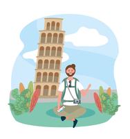 Männlicher Tourist, der vor lehnendem Turm von Pisa sitzt vektor