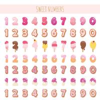 Süße Zahlen in Pastellrosa. Verschiedene Texturen - Eis, Schokolade, Keks, Lutscher. vektor