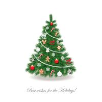 Weihnachtsbaum verziert mit verschiedenen Spielwaren und Lebkuchenplätzchen. vektor