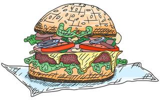 hamburgare med kött och korv skiss ritning doodle vektor