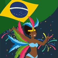 Kvinnlig karnevaldansare med brasiliansk flagga och fyrverkerier vektor