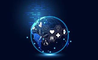 abstrakt hälsa medicinsk vetenskap sjukvård ikon digital teknik världen koncept modern innovation, behandling, medicin på hi tech framtida blå bakgrund. för tapeter, mall, webbdesign. vektor