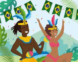 Weiblicher und männlicher Karnevalstänzer und -musiker mit brasilianischen Markierungsfahnen vektor