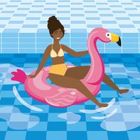 Junge Afroamerikanerfrau im Badeanzug auf Flamingofloss vektor