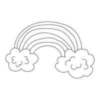 Cartoon Linear Doodle Retro-Regenbogen und Wolken isoliert auf weißem Hintergrund. vektor