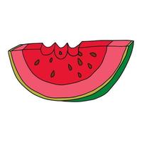 niedliches Cartoon-Doodle abgebissene Scheibe Wassermelone isoliert auf weißem Hintergrund. vektor