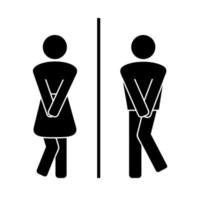 lustige wc-tür flache symbole. Mädchen- und Jungentoilette, Unterzeichnung von Toilettenpaaren, verzweifelte Pissfrauen-Mann-WC-Ikonen, lustige Badezimmertürschilder, humorvolle öffentliche Waschraumsilhouetten. vektor