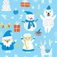 weihnachtsmann und schneewittchen mit einem schneemann und geschenken vektor