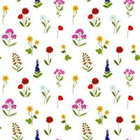 äng vilda blommor färgglada seamless mönster. sommardesign med kamomill, rölleka, lavendel, snapdragon, vallmo, smörblomma för textil, tyg, omslagspapper, tryck. vektor illustration