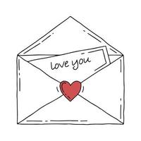 Brief mit Herz und der Aufschrift love you. Mail im Doodle-Stil. Valentinstag. Vektor-Illustration. vektor