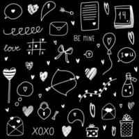kärlek clipart handritade doodles för st.valentine dag med hjärtan, båge, pilar, gift, bokstäver, kalender, krans, lyktor, brev, gåva, ballong, konversationsmoln, pratbubbla vektor
