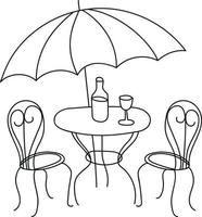 Café und zwei Flaschen Wein mit einem Glas Wein unter Regenschirm im Doodle-Stil vektor