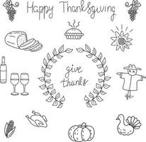 Thanksgiving kritzelt Truthahn und Kuchen auf dem Feiertagstisch vektor