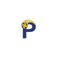 Buchstabe p mit zerschmetternder Volleyball-Symbol-Logo-Design-Vorlage vektor