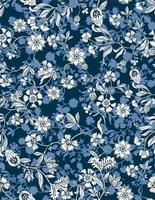 Blumenmuster im asiatischen Stil. Marineblauer Hintergrund mit Blumenteppich. Paisley-Muster mit traditionellem Stil, Design für Dekoration und Textilien