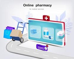 medizinische gesichtsmaske mit tablettenkapsel und einkaufstasche für online-apotheke vektor