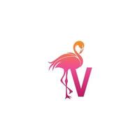 flamingo fågel ikon med bokstaven v logotyp design vektor