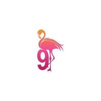 flamingo fågel ikon med nummer 9 logotyp design vektor