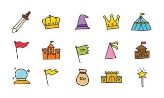uppsättning fantasy relaterade vektor linje ikoner. kunglig ikon design. söt kungarike illustration.