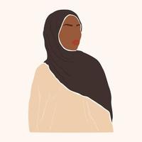 siluett av en muslimsk kvinna med svart huvudbonad. ansiktslös hona i hijab med mörkbrun hud. internationella kvinnodagen och morsdagen. handritad vektor samtida abstrakt illustration