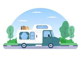 campingbil bakgrundsillustration med tält, lägereld, ved, husbil och dess utrustning för människor på äventyrsturer eller semester i skogen eller bergen vektor