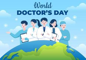 Weltärztetag-Vektorillustration für Grußkarten, Poster oder Hintergrund mit Bild des Arztes, Stethoskops und der medizinischen Ausrüstung vektor
