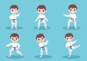 niedliche karikaturkinder, die einige grundlegende karate-kampfkunstbewegungen machen, pose kämpfen und kimono in flacher hintergrundvektorillustration tragen vektor