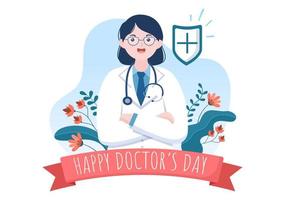 världsläkardagen vektorillustration för gratulationskort, affisch eller bakgrund med läkare, stetoskop och medicinsk utrustning bild vektor