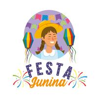 festa junina kvinna som bär partihatt och lyktor vektor