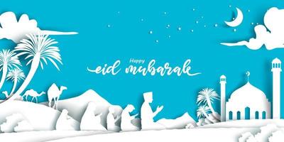 eid mubarak grußkartenillustration, familie, die im ramadan kareem islamisches festival mit papierart wünscht und betet. menschen feiern im ramadan vektor