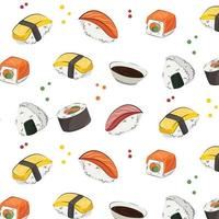 japansk mat, mat. vektor mönster platt illustration isolerad på vit bakgrund. sushi rullar onigiri sojasås set seamless mönster. lagerbild. för restaurangmenyer och affischer. leverans