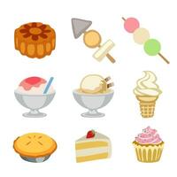 Dessert-Vektor-Mondkuchen, Spieße, Eiscreme, rasiertes Eis, Kuchen, Cupcakes, Dango