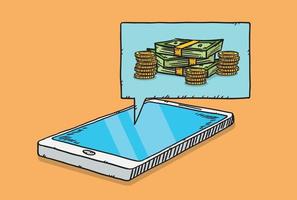 skiss stil doodle illustration av hög med pengar med mynt som visas på serietidningsbubbla från mobilskärm vektor