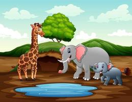 karikatur eine giraffe und elefanten, die die natur nahe dem teich genießen vektor